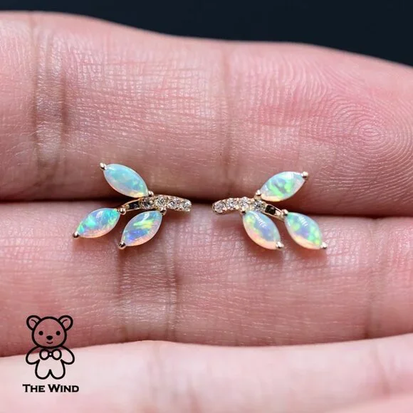 Olive Branch Leaf Design Australian Solid Opal Diamond Stud Earrings 14K Yellow - Picture 4 of 7